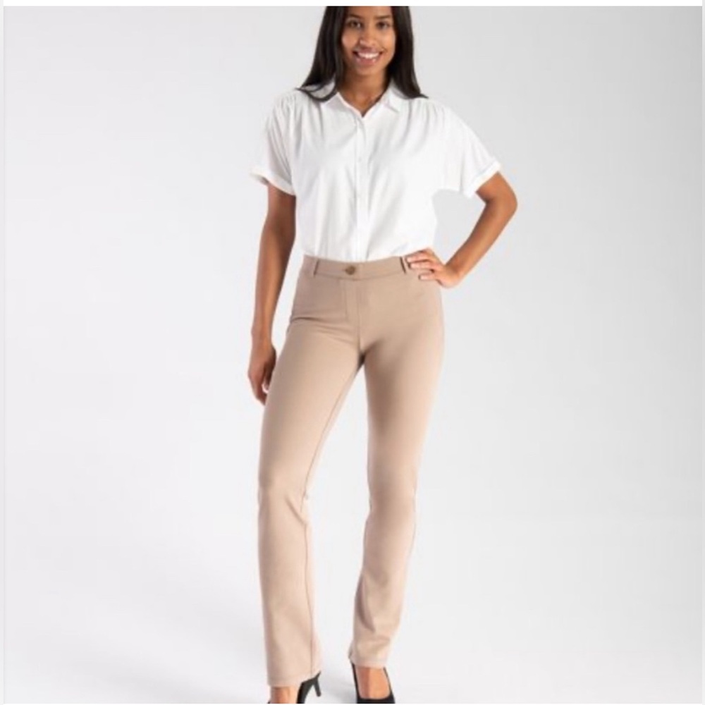 Betabrand Straight-Leg Classic Dress Pant Yoga Pants Khaki Twill Large Petite